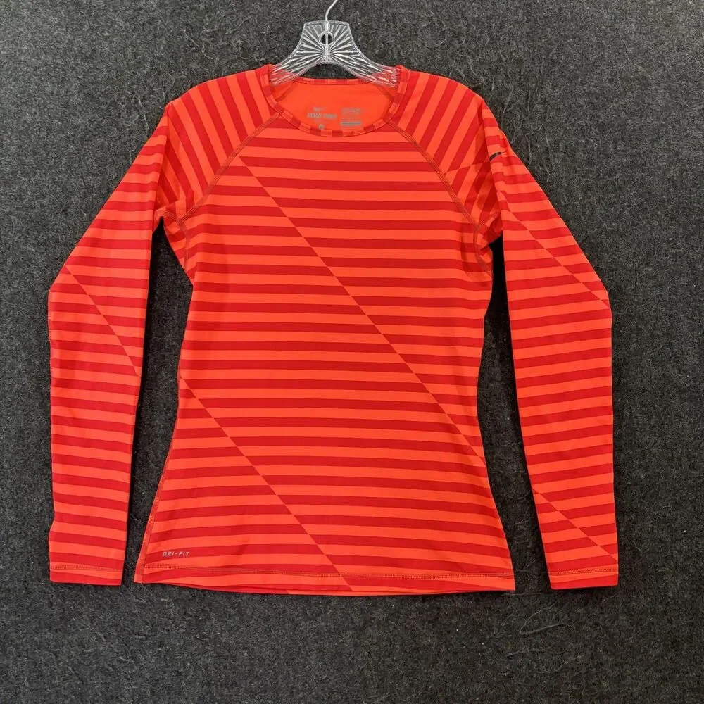 Nike Pro Hyperwarm Shirt Women's Medium Orange Stripe Dri-FIT Fitted Long Sleeve